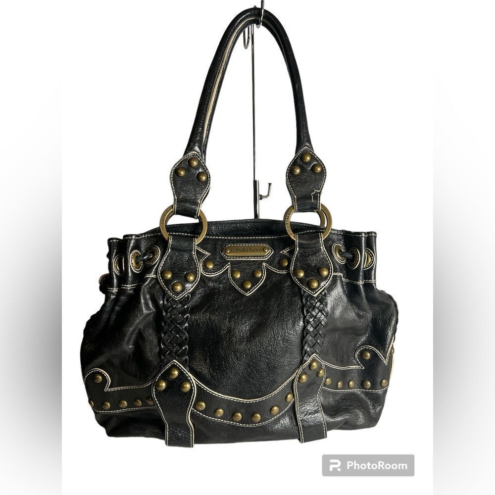 Isabella Fiore Black Leather Bag with Gold Studs